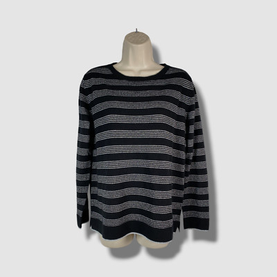 Neiman Marcus Women's Black Cashmere Metallic Stripe Crewneck Sweater Size M