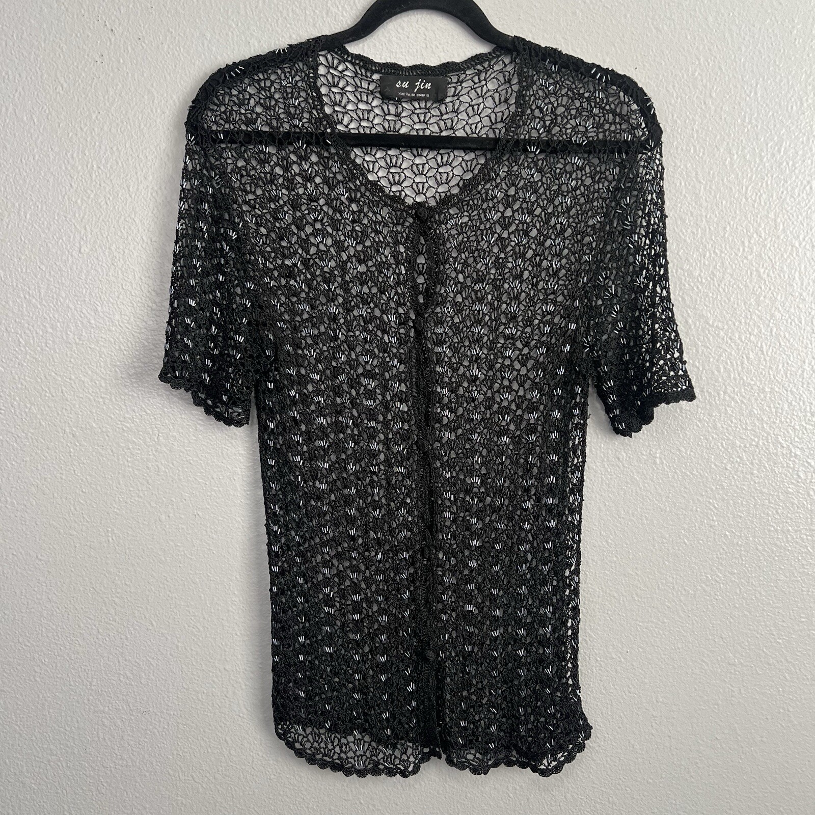 Open Knit Beaded Button Up OverShirt Cardigan Black Capsule Wardrobe Elegant S/M