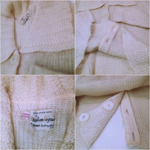Vintage 50s Hewlett Mills Italian Vogue Cardigan Sweater -M(8) Wool Mohair Beige - Picture 8 of 10