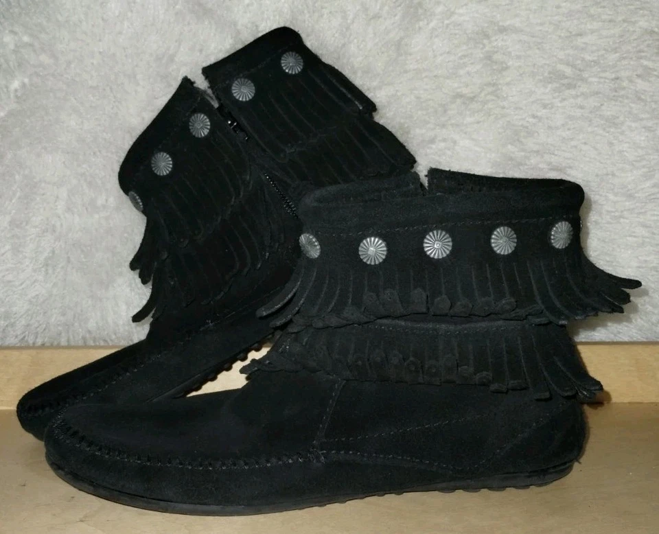 Minnetonka Mocasines 699 Negro Gamuza Doble Fleco Cremallera Botines Mujer 8  Foto 3 de 4