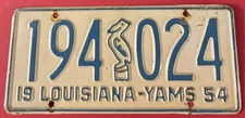 Vintage 1954 Louisiana Yams License Plate 194 024 Pelican