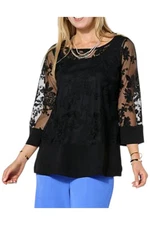 Nina Leonard Women's Embroidered Mesh Knit 3/4 Slv Tunic Black