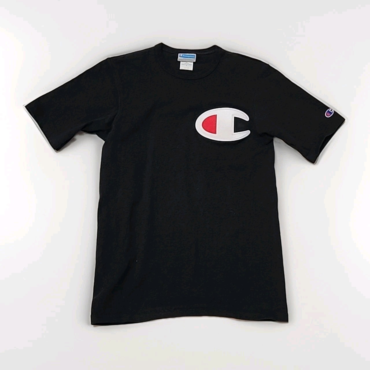Champion, VINTAGE Champion Shirt Mens Small Black 90s Blue Label Big Logo Embroider R3