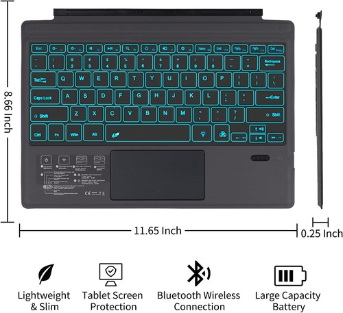 Surface Pro 7 Wireless Bluetooth Keyboard with Touchpad 7 Color Backlit Black - Picture 9 of 9
