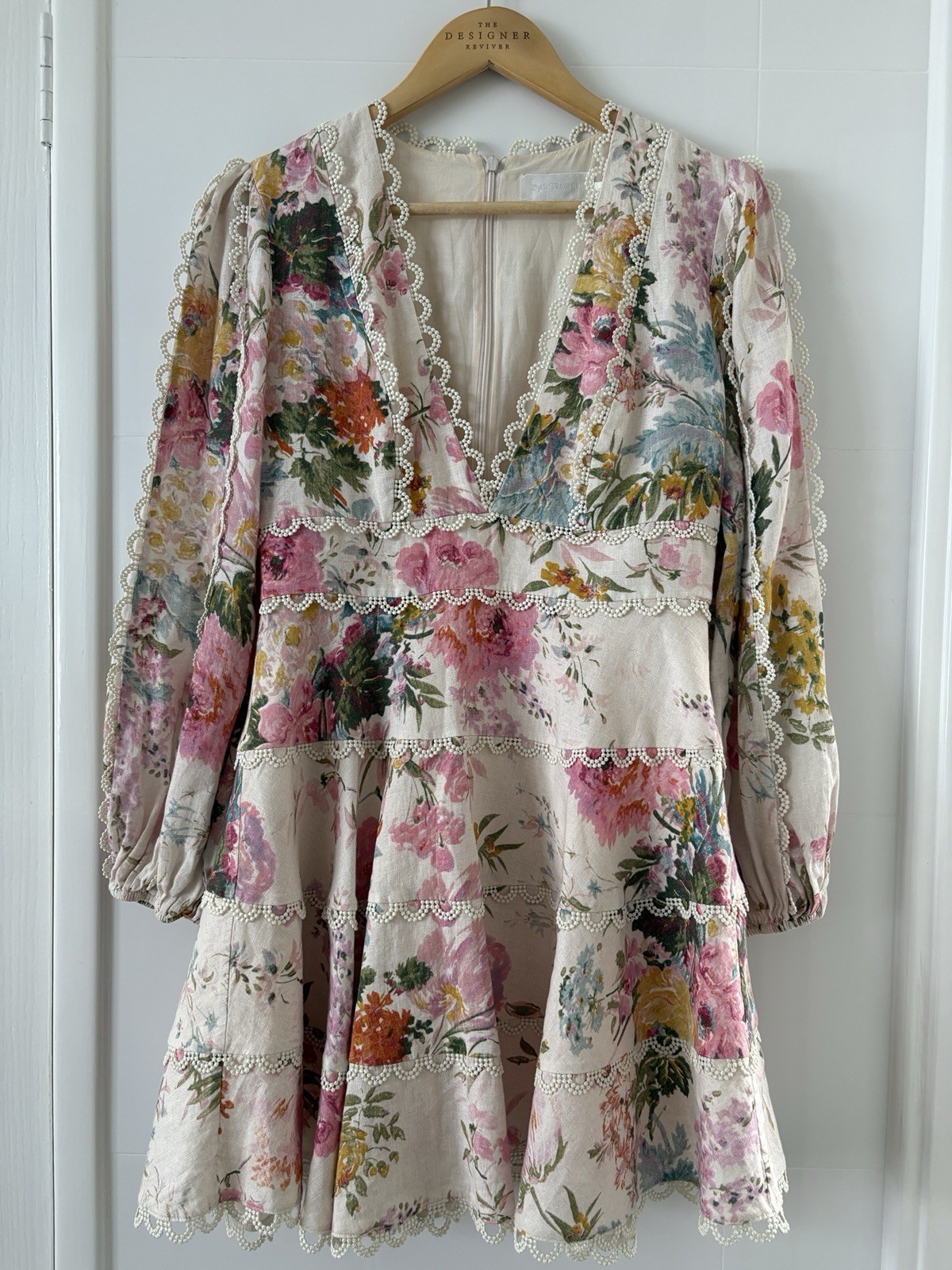 ZIMMERMANN Heathers Flounce Garden Floral Mini Linen Dress Size 2 / AU 12 US 8