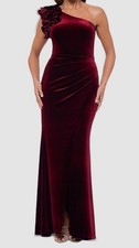 XSCAPE Women's Red One-Shoulder Ruffle-Trim Velvet Gown Dress Size 14