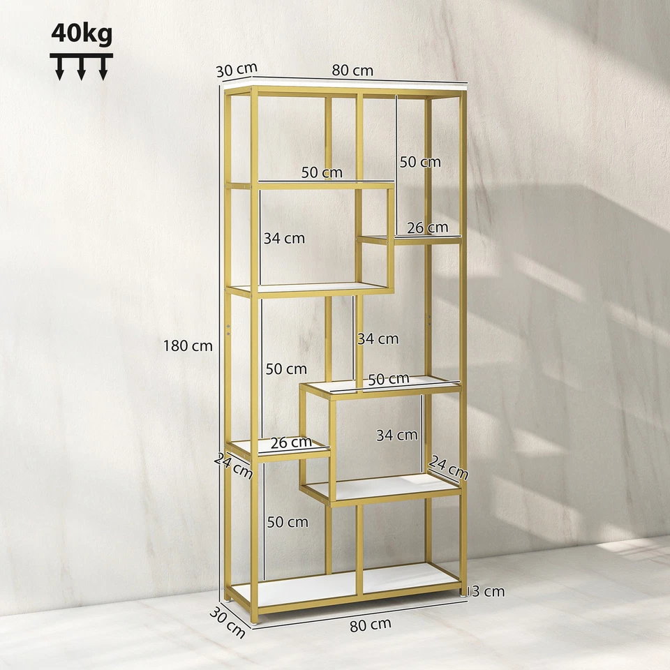 HOMCOM Modern Bookcase 7-Tier Bookshelf Shelving Unit White Gold Tone - Image 3 of 4