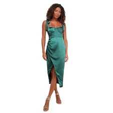 NWT Lulus Graceful Sophistication Emerald Green Satin Tie-Strap Midi Dress Sz M