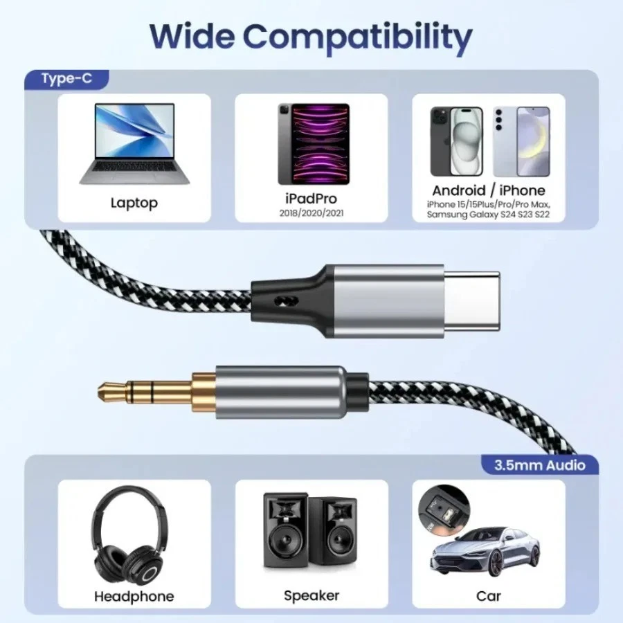 USB Type C TO 3.5mm Female Headphone Jack Adapter AUX Stereo Speaker Audio Cable