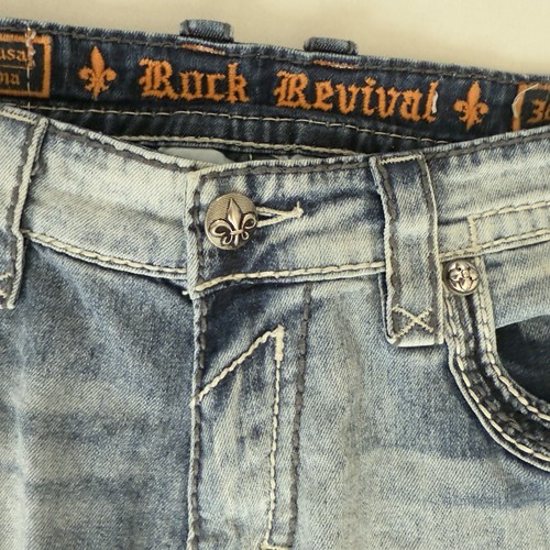 Rock Revival Xan Relaxed Straight Distressed Rockabilly Denim Jeans Men Sz 34 - Picture 10 of 23