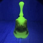 VTG Fenton Uranium Custard Satin Glass Bell Hand Painted Log Cabin D. Fredrick