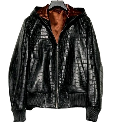 Men's Black Real Leather Crocodile Embossed Jacket Biker Alligator Print Jacket