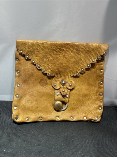 Vtg Medieval Leather Belt Pouch Waist Bag Handmade Flap Button Clasp Studs 9”x8”