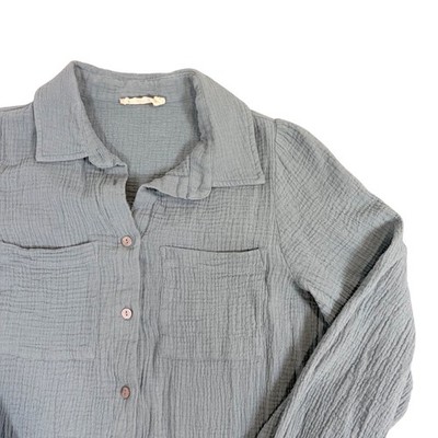 100% cotton millibon Womens Dusty Blue Double Gauze Button Down Tunic Shirt  S