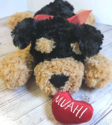 KellyToy PUPPY DOG Black Brown 15in Laying Plush Muah! Red Heart Red Bow 2016 