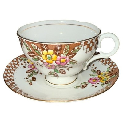 Vintage Adderley Bone China Cup Saucer Floral Checked Scalloped Edge England