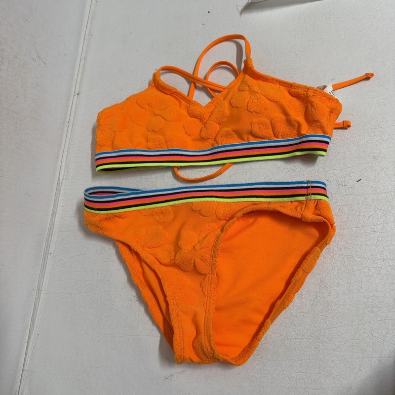 HOBIE Orange Girls Terry Floral Rainbow 2 Piece Bikini Bathing Suit 12 HW