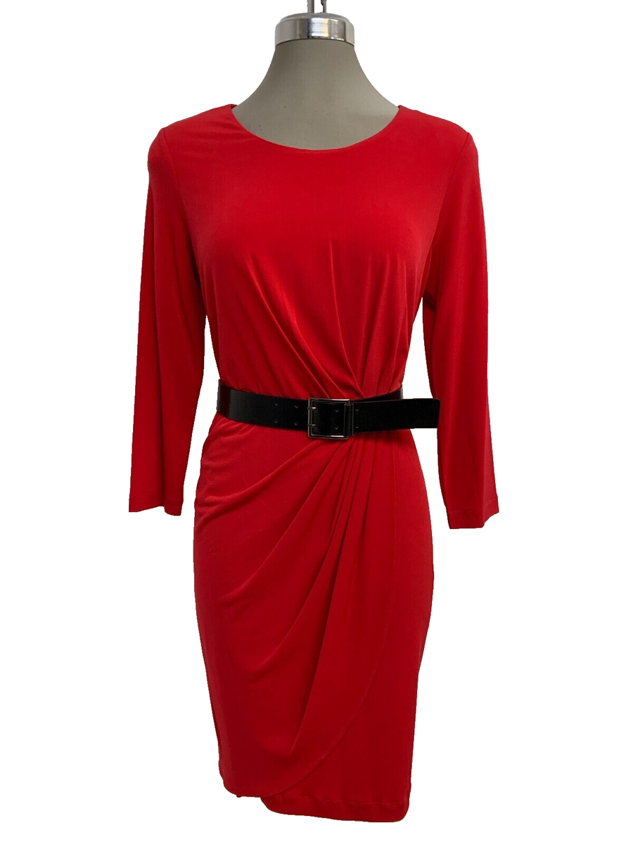 NEW DIRECTIONS Elegant RED Jersey Faux Wrap Belted Sheath Dress