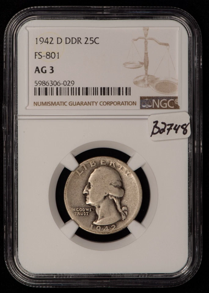 1942-D DDR 25c Washington Quarter - FS-801 Double Die Reverse - NGC AG 3 - B2748 - Image 2 of 4