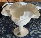 Fenton Pedestal Candy Dish Compote White Hobnail Milk Glass Ruffled Edge Vintage
