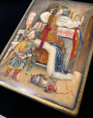 FELINE FEDOSKINO RUSSIAN LACQUER BOX TSARINA CAT LADY AND JESTER MASLOV