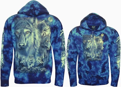 Tie Dye Hoodie Zip Up Wolves on the Hunt Full Moon Wolf Pack Glow inDark by Wild