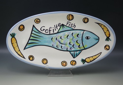 DAVID HEGER CERAMIC JUDAICA GEFILTE FISH PLATTER MODERN 16" BY 8" MINT IN BOX - Picture 1 of 6