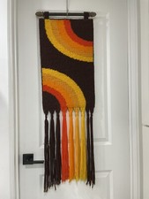 Vtg 1970s Orange Rainbow Shag Latch Hook Rug Art MCM Atomic Era Wall Hanging