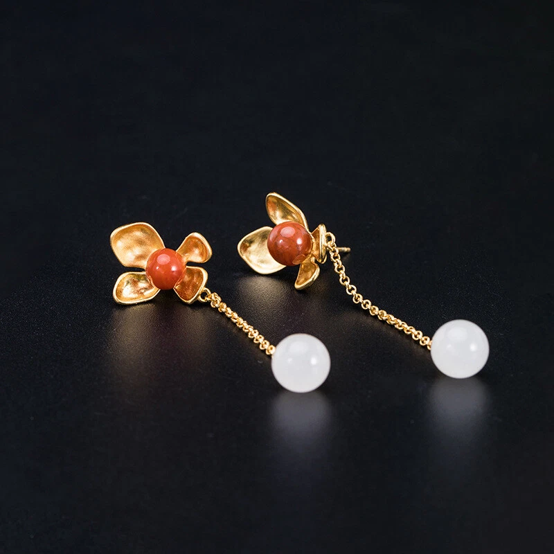 I04 Orecchini Fiore con Rosso Agata Sfera Di Bianca Giada Argento 925 Dorato - Immagine 3 di 4
