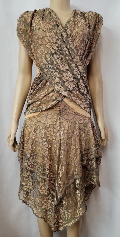 Vestido Climax Karen Okada Por David Howard DE COLECCIÓN Encaje Para Mujer Dorado/Verde 9/10 #11 Foto 4 de 4