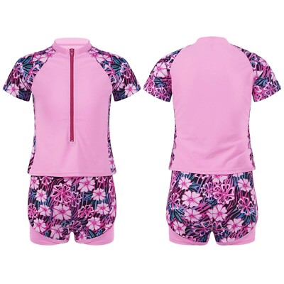 Girls Swimming Costume 2-Piece Short Sleeve Zipper Swimsuit - Main Image