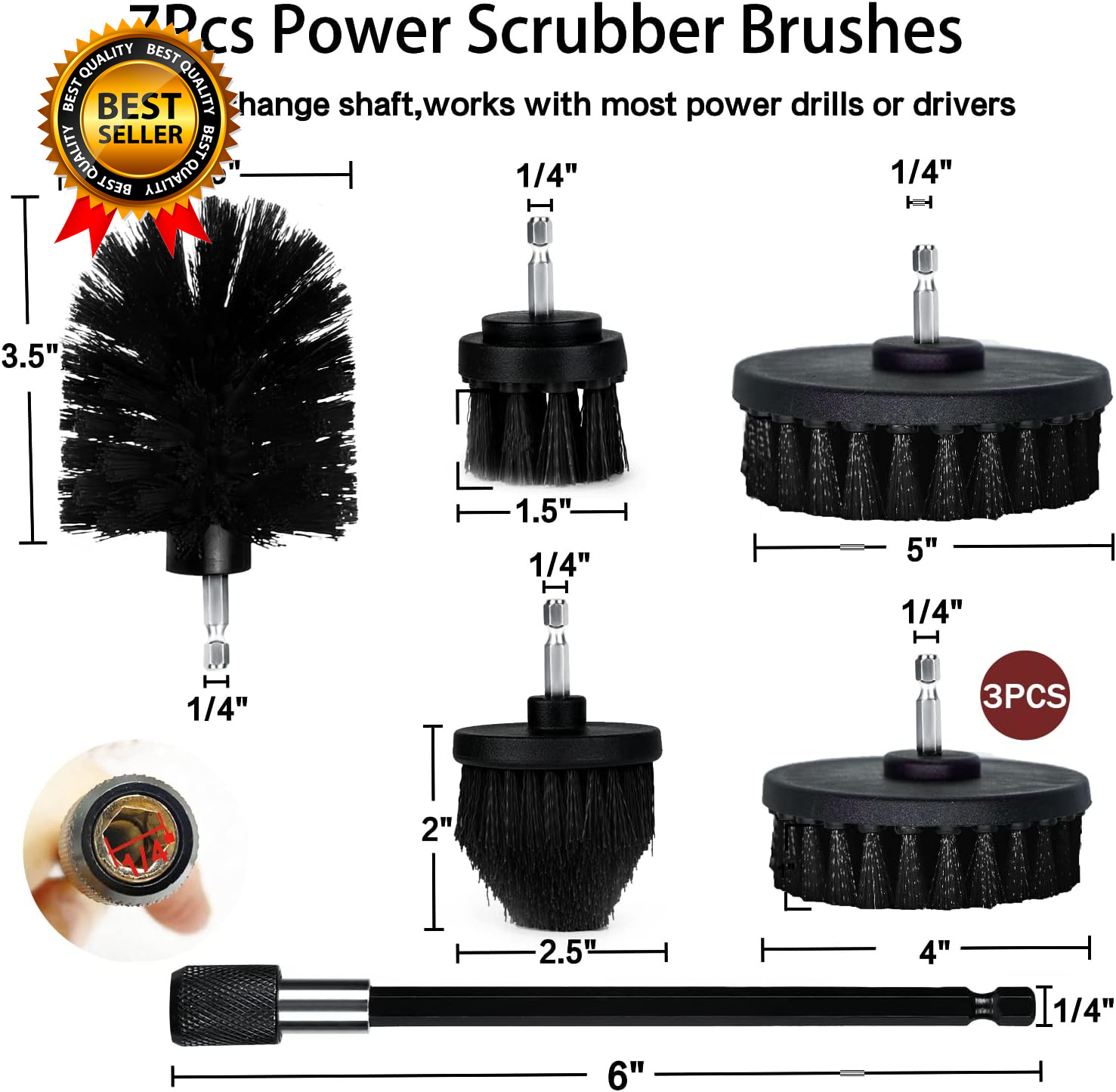 Drill Brush Attachment Set 7 Pack 1/4In Power Scrubber Brush + Extend Long Rod