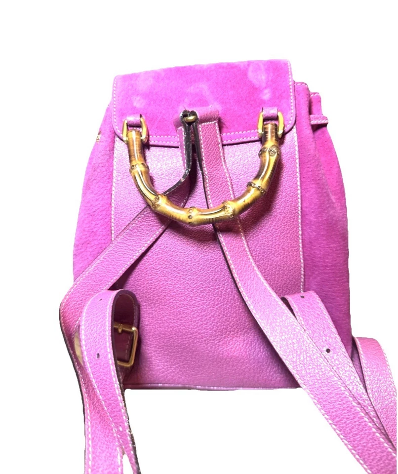 Mini Mochila de Bambu GUCCI Vintage Couro Camurça Rosa Fúcsia Autêntica - Imagem 3 de 4