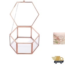 Vintage Glass Jewelry Box - Rose Gold Hexagonal Jewelry Display Organizer Kee...