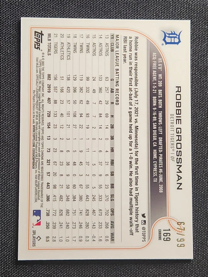 2022 Topps Chrome Sonic Robbie Grossman Green/Yellow Pulse Refractor /99 - Image 2 of 2