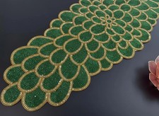 Handmade bead table runner, floral beaded runner, Green and Gold