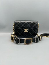 Auth Chanel Limited Edition Medallion Saddle Bag Black Calfskin Quilted Chain