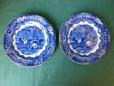 Two Antique George Jones  Flow Blue Spanish Festivities 1793  Plates