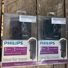 Lot of 2 PHILLIPS Travel 3 Outlet Adapter 2 USB Charging Ports FolD SPS2150WA/37