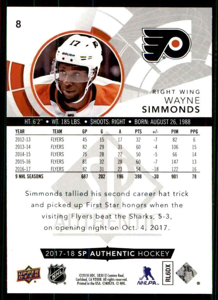 2017-18 Upper Deck SP Authentic Wayne Simmonds #8 - Image 2 of 2