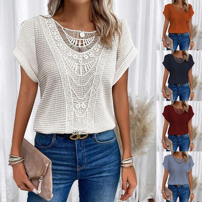 Damen Spitze Kurzarm T-Shirt Tunika Oberteile Sommer Tops Freizeit Hemd Bluse DE