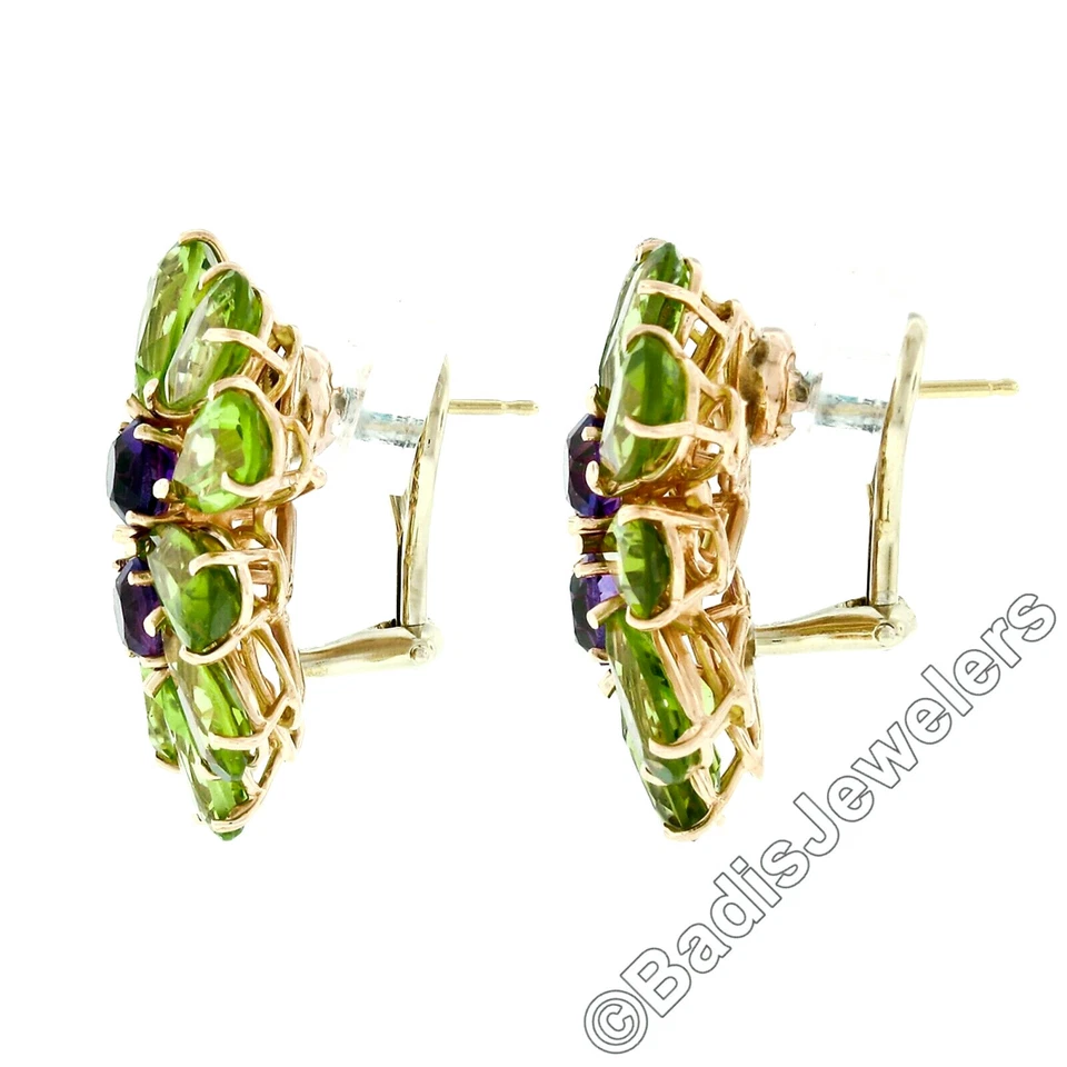 Large Rose Gold Pear Green Peridot & Amethyst Happy Colorful Cluster Earring - Image 2 of 4