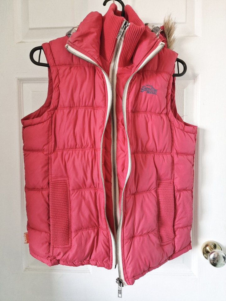 Superdry Ladies Pink Puffer Fur Trim Hood Body Warmer Gilet Small eBay