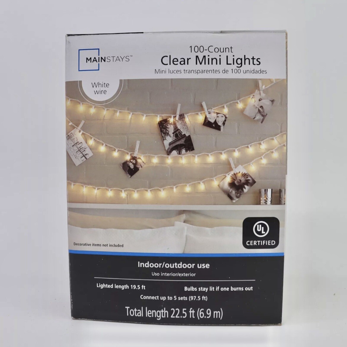 Mainstays 100 Count Clear Mini 22 Foot String Lights Indoor Outdoor White Wire