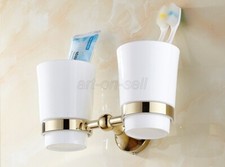 Polished Gold Brass Toothbrush Holder Double Ceramic Cups Holder Wall Mounted