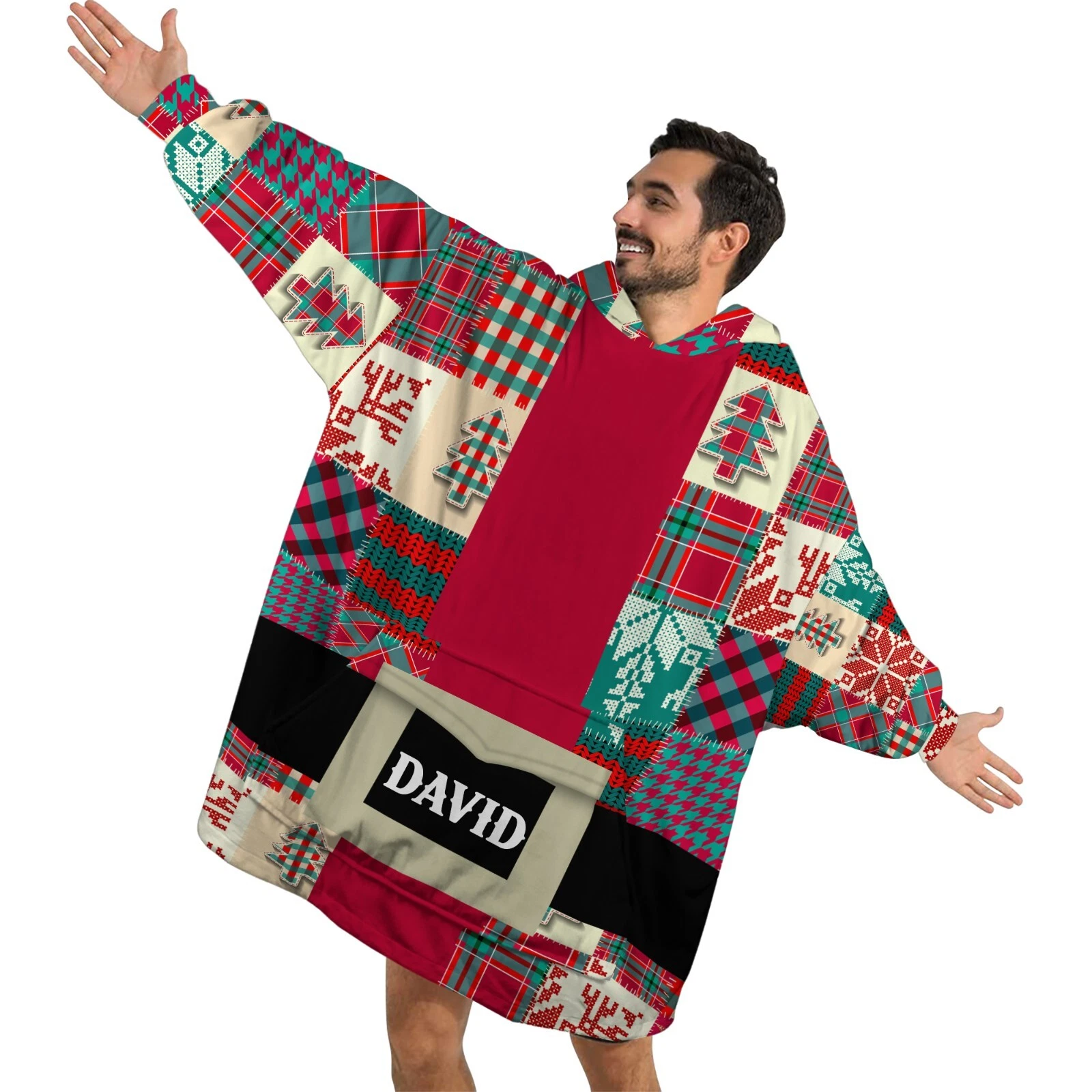 Personalized Santa Coat Christmas Pattern Patchwork Blanket Hoodie