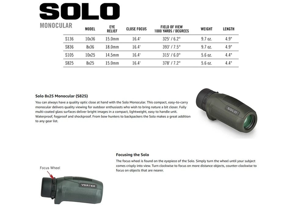 VORTEX Optics Solo Monocular 8X25mm Multi-Coated Lens Armored Case FOGPROOF - Image 4 of 4
