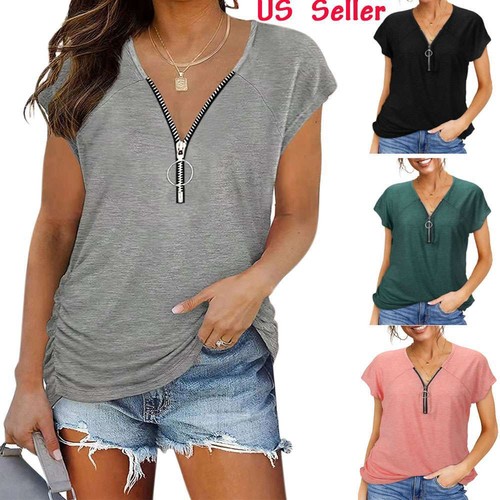 Women V Neck Zipper Short Sleeve Casual Blouse Basic T-Shirt Loose Top Summer US - Picture 1 of 18