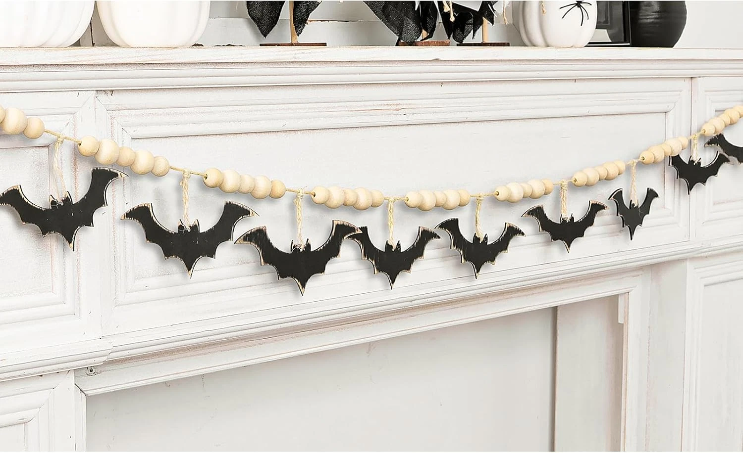 Halloween Garland, Farmhouse Wood Bats and Bead Garland for Halloween Decoration