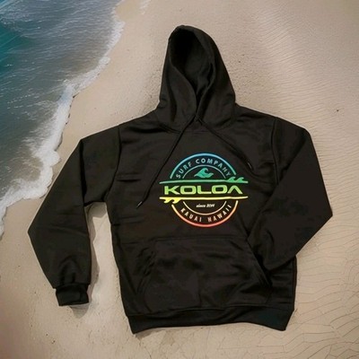 Koloa Surf Company Graphic Colorful Logo Hoodie Hooded Sweatshirt Black Large 